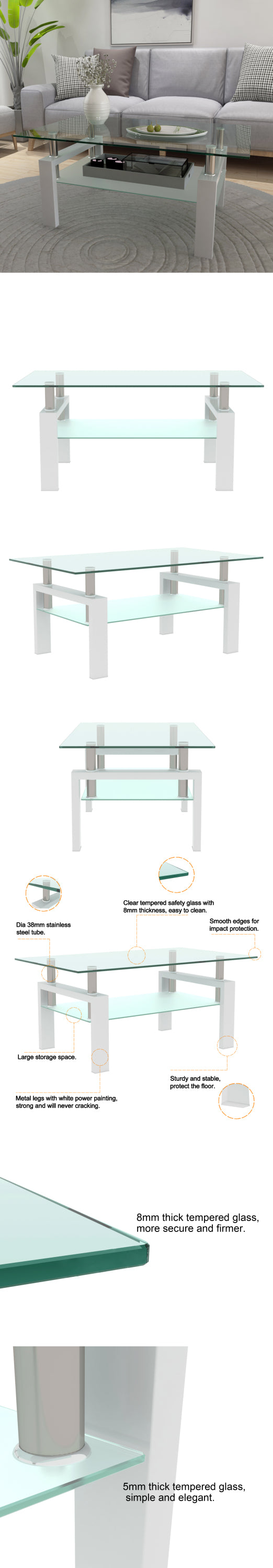 HAOYYE White Coffee Table, Clear Coffee Table, Modern Side Center Tables for Living Room, Living Room Furniture Sturdy Space-Saving Heavy Duty Modern Design Adults Dorm Room Easy Assembly