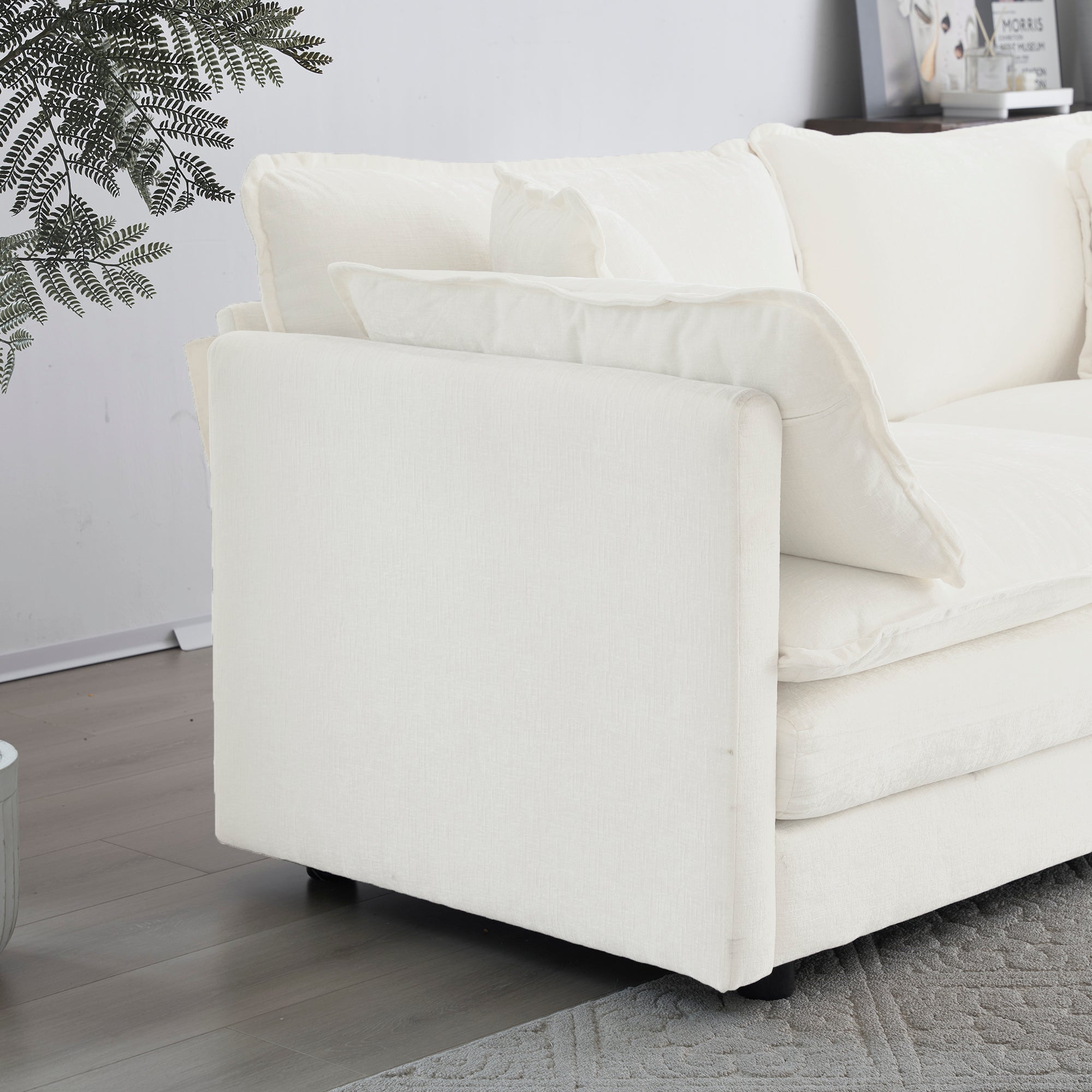 HAOYYE Comfy Deep Single Seat Sofa Upholstered Reading Armchair Living Room Chair White Chenille Fabric , 1 Toss Pillow Sturdy Space-Saving Heavy Duty Modern Design Adults Dorm Room Easy Assembly
