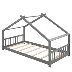 HAOYYE Twin Size House Bed Wood Bed, Gray Sturdy Space-Saving Heavy Duty Modern Design Adults Dorm Room Easy Assembly Bedroom Furniture