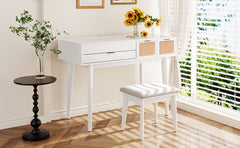HAOYYE Classic Wood Makeup Vanity Set with Flip-top Mirror and Stool, Dressing Table with Three Drawers and Storage Space, White Modern Design, Luxury Style, Durable Material, Space-saving