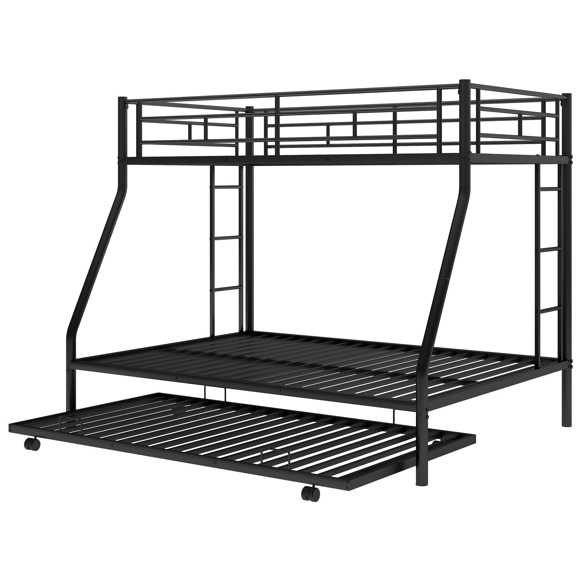 HAOYYE Twin over Full Bed with Sturdy Steel Frame, Bunk Bed with Twin Size Trundle, Two-Side Ladders, Black Space-Saving Heavy Duty Modern Design Easy Assembly Durable Stylish Versatile