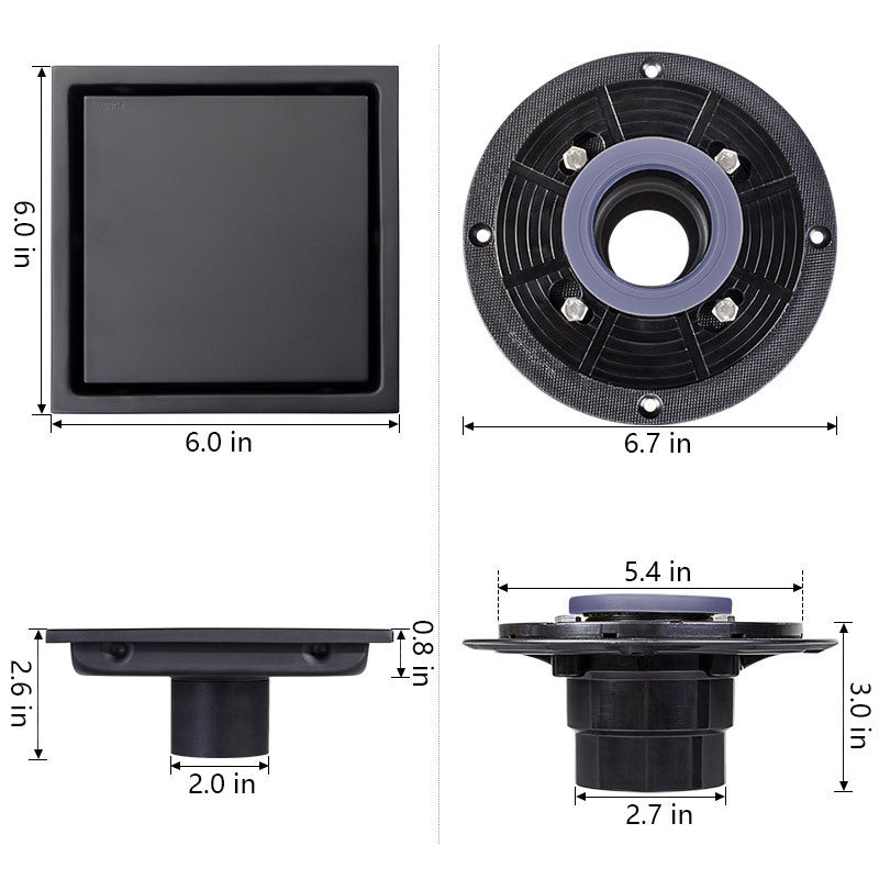 HAOYYE 6 Inch Square Shower Floor Drain Sturdy Space-Saving Heavy Duty Modern Design Adults Dorm Room Easy Assembly Bedroom Furniture