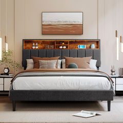 HAOYYE Queen Size Upholstered Platform Bed with Storage Headboard and USB Port, Linen Fabric Upholstered Bed (Gray) Sturdy Space-Saving Heavy Duty Modern Design Adults Dorm Room Easy Assembly