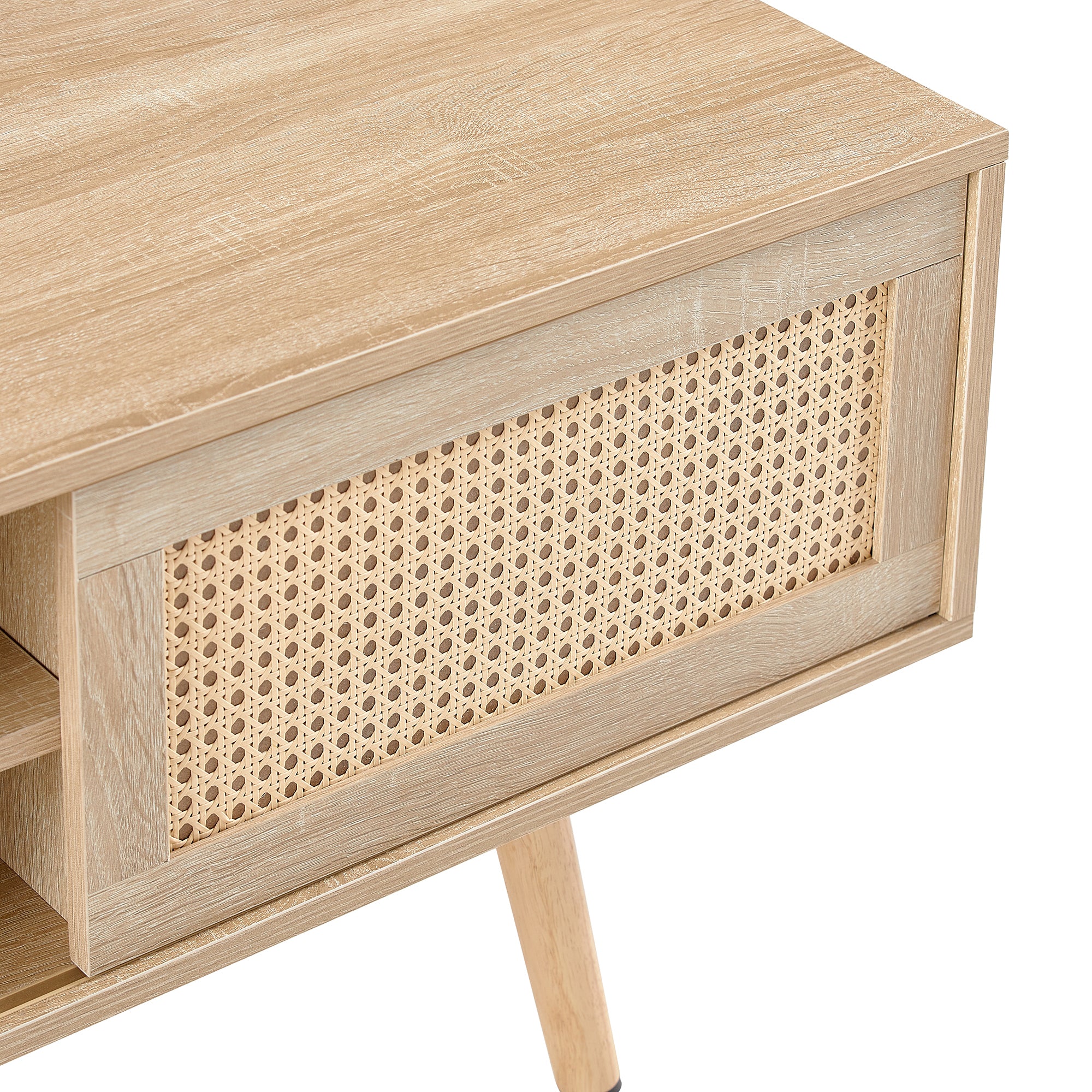 HAOYYE 55.12" Rattan TV cabinet, double sliding doors for storage, adjustable shelf, solid wood legs, TV console for living room ,natural Sturdy Space-Saving Heavy Duty Modern Design Adults Dorm Room