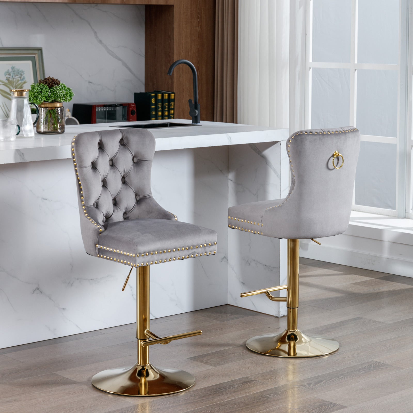 HAOYYE Thick Golden Swivel Velvet Barstools Adjusatble Seat Height from 25-33 Inch, Modern Upholstered Bar Stools with Backs Comfortable Tufted for Home Pub and Kitchen Island (Gray,Set of 2)