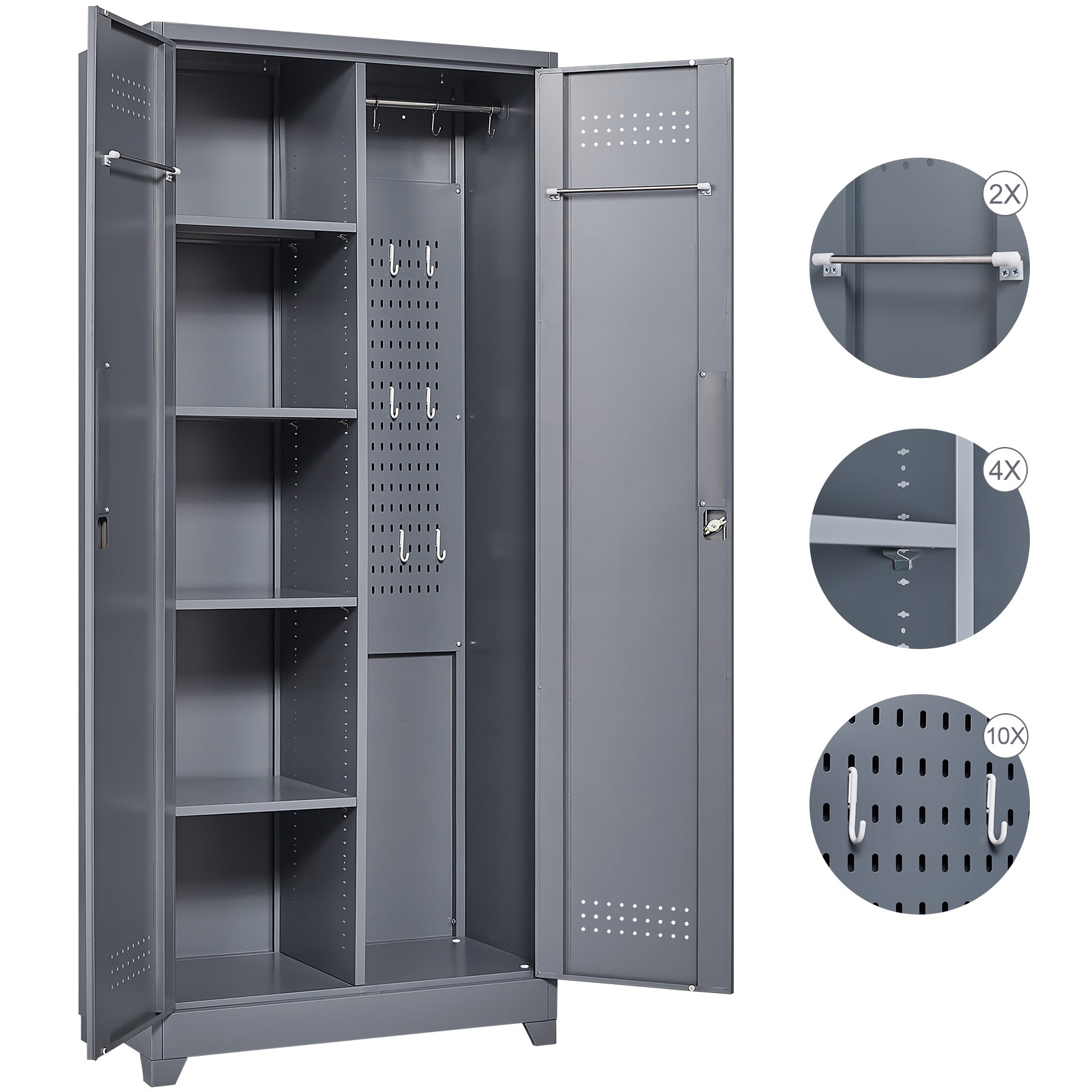 HAOYYE Metal Storage Cabinets, Cleaning Tool Cabinet with Locking Door, Tall Broom Tool Organizer and Storage, Large Storage Cabinet for Kitchen, Pantry, Office, Shop Sturdy Space-Saving Heavy Duty Durable