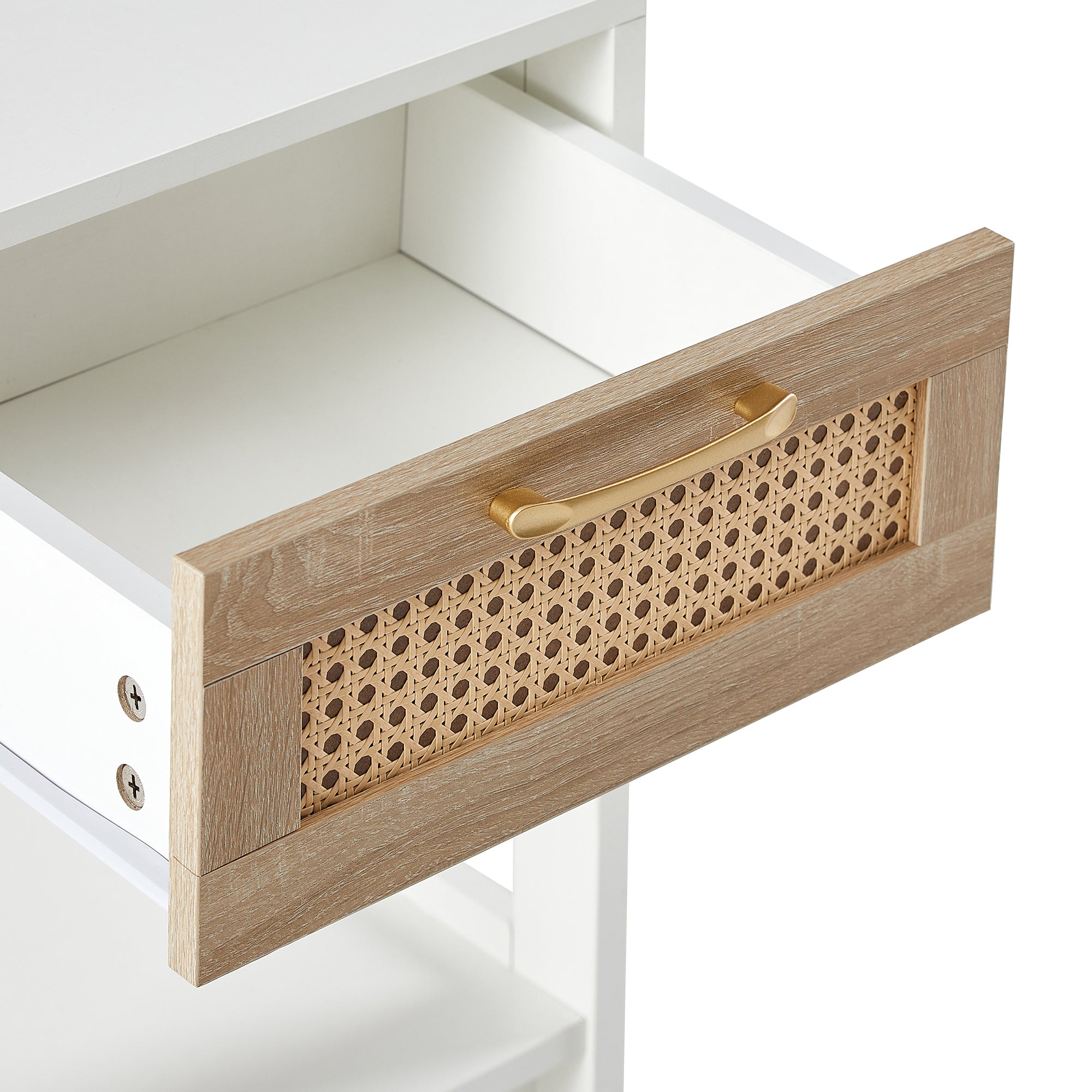 HAOYYE Rattan Side Table with Drawer, Modern White End Table, Sturdy Space-Saving Design, Heavy Duty Construction, Easy Assembly, Stylish and Durable Home Furniture for Living Room or Bedroom