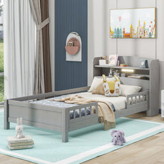 HAOYYE Wood Twin Size Platform Bed with Built-in LED Light, Storage Headboard and Guardrail, Antique Grey Sturdy Space-Saving Heavy Duty Modern Design Adults Dorm Room Easy Assembly Bedroom Furniture