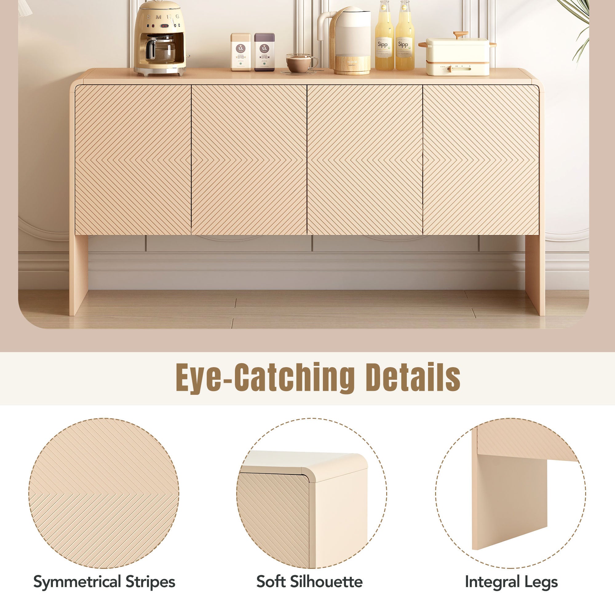 HAOYYE Minimalist Style 60"L Large Storage Space Sideboard with 4 Doors and Rebound Device for Living Room and Entryway (Apricot Cream) Sturdy Space-Saving Heavy Duty Modern Design Adults