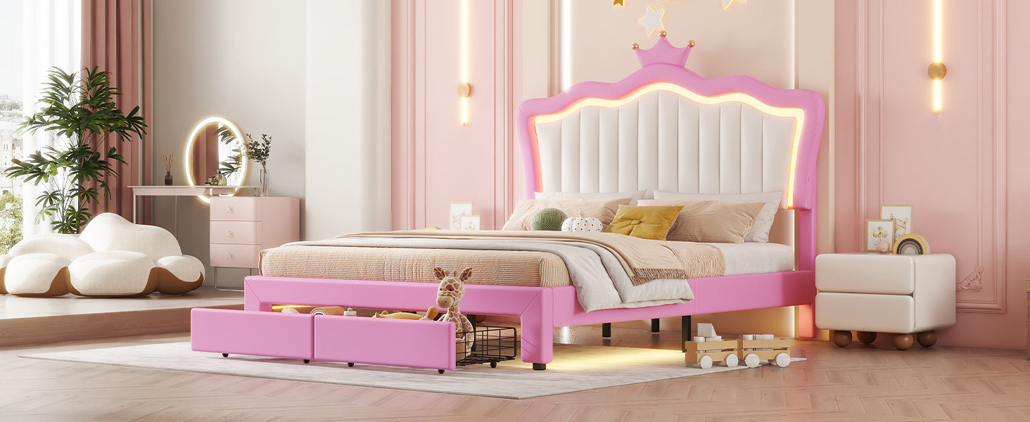 HAOYYE Full Size Upholstered Bed Frame With LED Lights, Modern Princess Bed With Crown Headboard And 2 Drawers, Pink And White, Sturdy Space-Saving Heavy Duty Design For Adults And Dorm Rooms