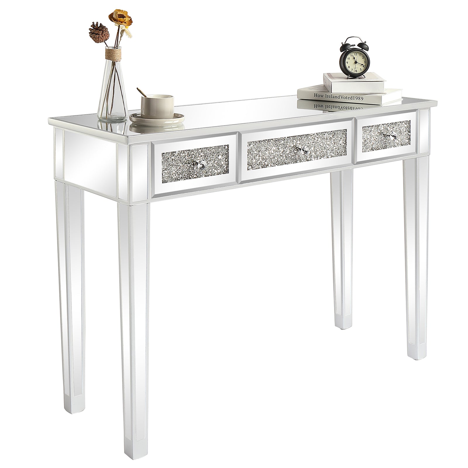 HAOYYE Modern Silver Computer Desk with MDF Mirror Surface and Broken Glass Design, Featuring Three Spacious Drawers for Efficient Storage, Stylish Home Office Workstation, Durable and Easy-to-Clean Surface