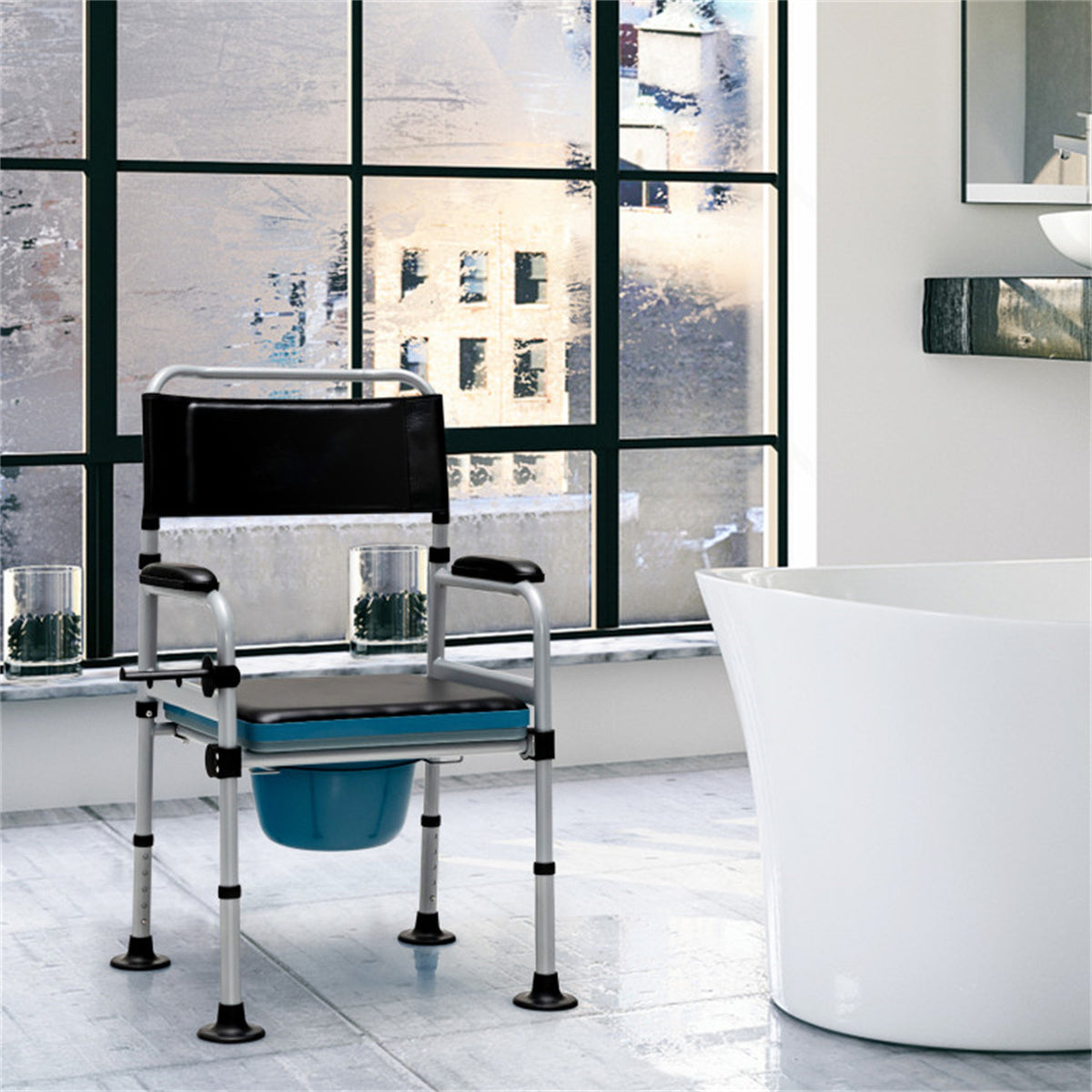 HAOYYE Black Shower Toilet Chair with Detachable Bucket, Portable Waterproof Commode Chair for Elderly and Disabled, Lightweight Aluminum Frame, Comfortable Padded Seat and Backrest, Adjustable Height, Lockable Wheels for Indoor and Outdoor Use