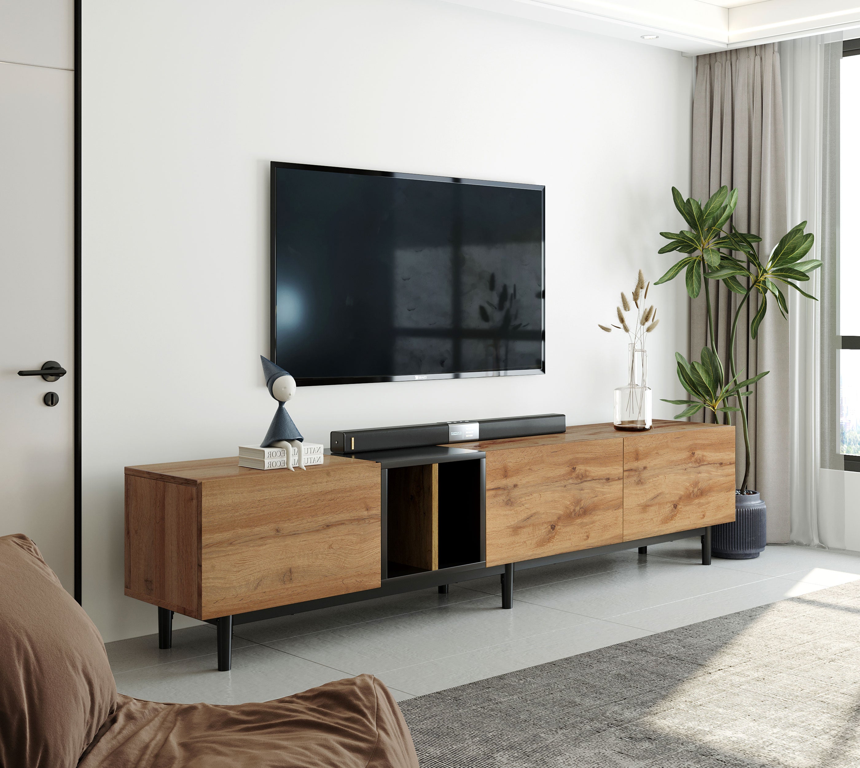HAOYYE Modern TV Stand for 80'' TV with 3 Doors, Media Console Table, Entertainment Center with Large Storage Cabinet for Living Room, Bedroom Sturdy Space-Saving Heavy Duty Modern Design Adults
