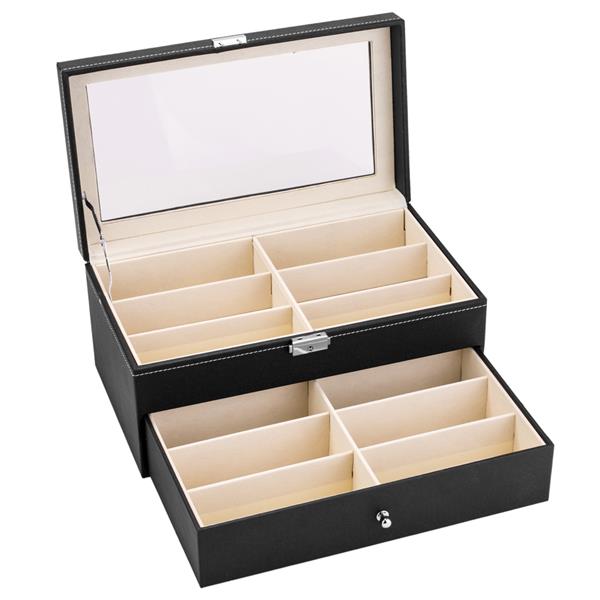 HAOYYE Leather 12-Piece Eyeglasses Storage and Sunglass Display Drawer, Lockable Case Organizer, Black, Premium Quality, Soft Cozy Warm Flannel Fleece Interior, Luxury Comfortable Unique Design, Ideal for Home Decor, Glasses Protection, and Organization
