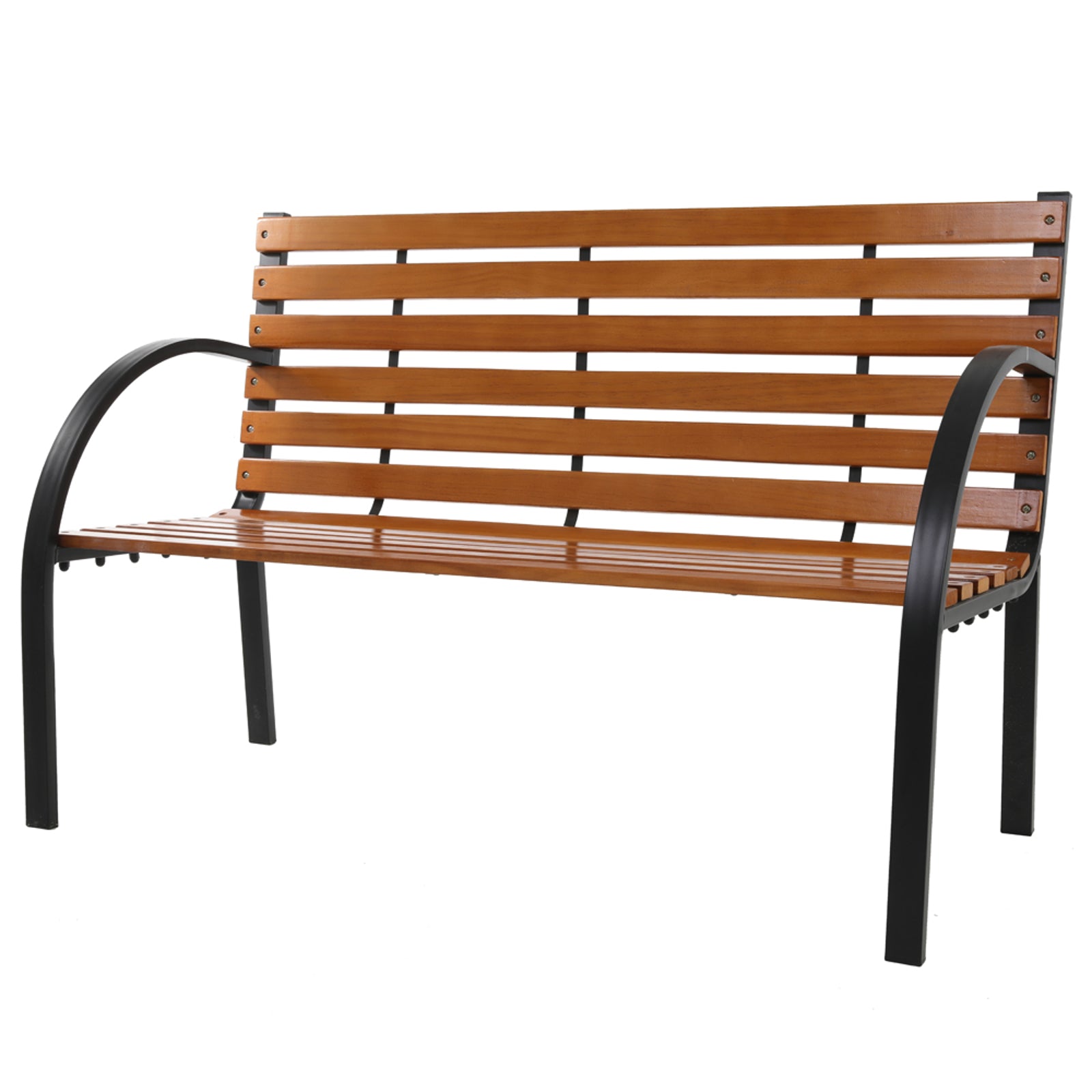 Haoyye Outdoor Patio Garden Bench with Slatted Hardwood Seat and Decorative Cast Iron Frame, Weather Resistant Park Style Seating for Porch, Lawn, Deck or Courtyard, Durable and Elegant Design for Home or Commercial Use