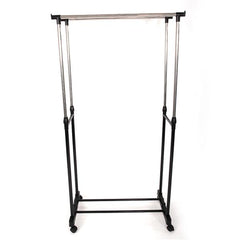 HAOYYE Dual-Bar Adjustable Clothes Rack with Shoe Shelf, Black & Silver, Durable Space-Saving Organizer for Closet and Bedroom, Vertical & Horizontal Stretching Design, Premium Quality, Stylish Modern Look, Versatile Use, Sturdy Construction