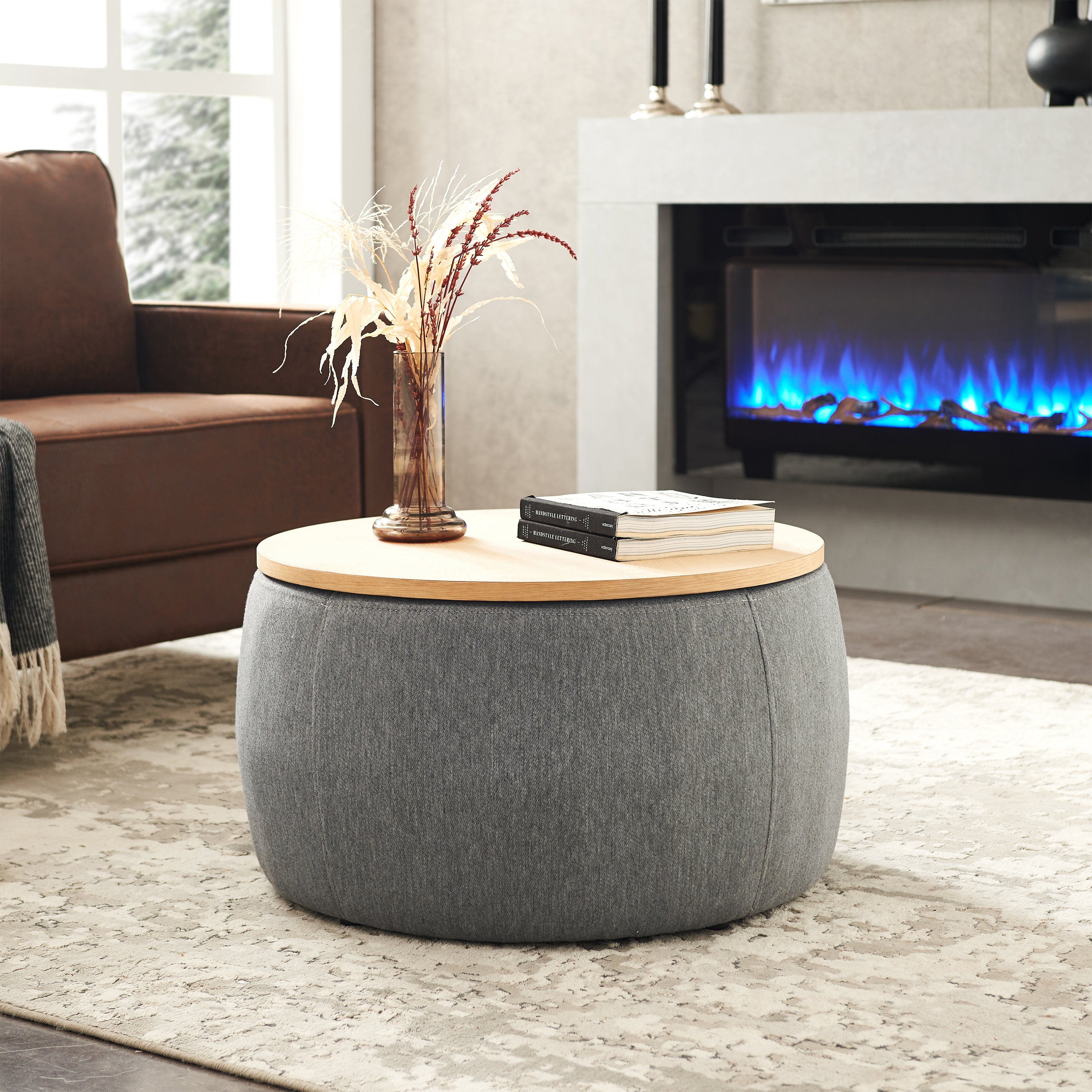 HAOYYE Round Storage Ottoman with 2-in-1 Function, Versatile End Table and Ottoman, Durable Dark Grey Upholstered Ottoman, Sturdy Space-Saving Modern Design, Easy Assembly, Stylish and Functional Home Furniture