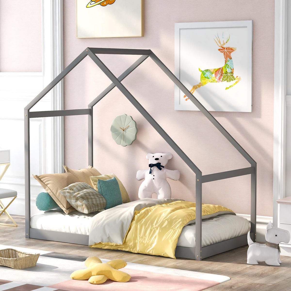 HAOYYE Twin Size Wooden House Bed, Gray Sturdy Space-Saving Heavy Duty Modern Design Easy Assembly Durable Stylish Home Furniture Versatile