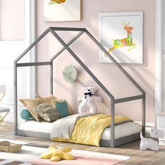 HAOYYE Twin Size Wooden House Bed, Gray Sturdy Space-Saving Heavy Duty Modern Design Easy Assembly Durable Stylish Home Furniture Versatile
