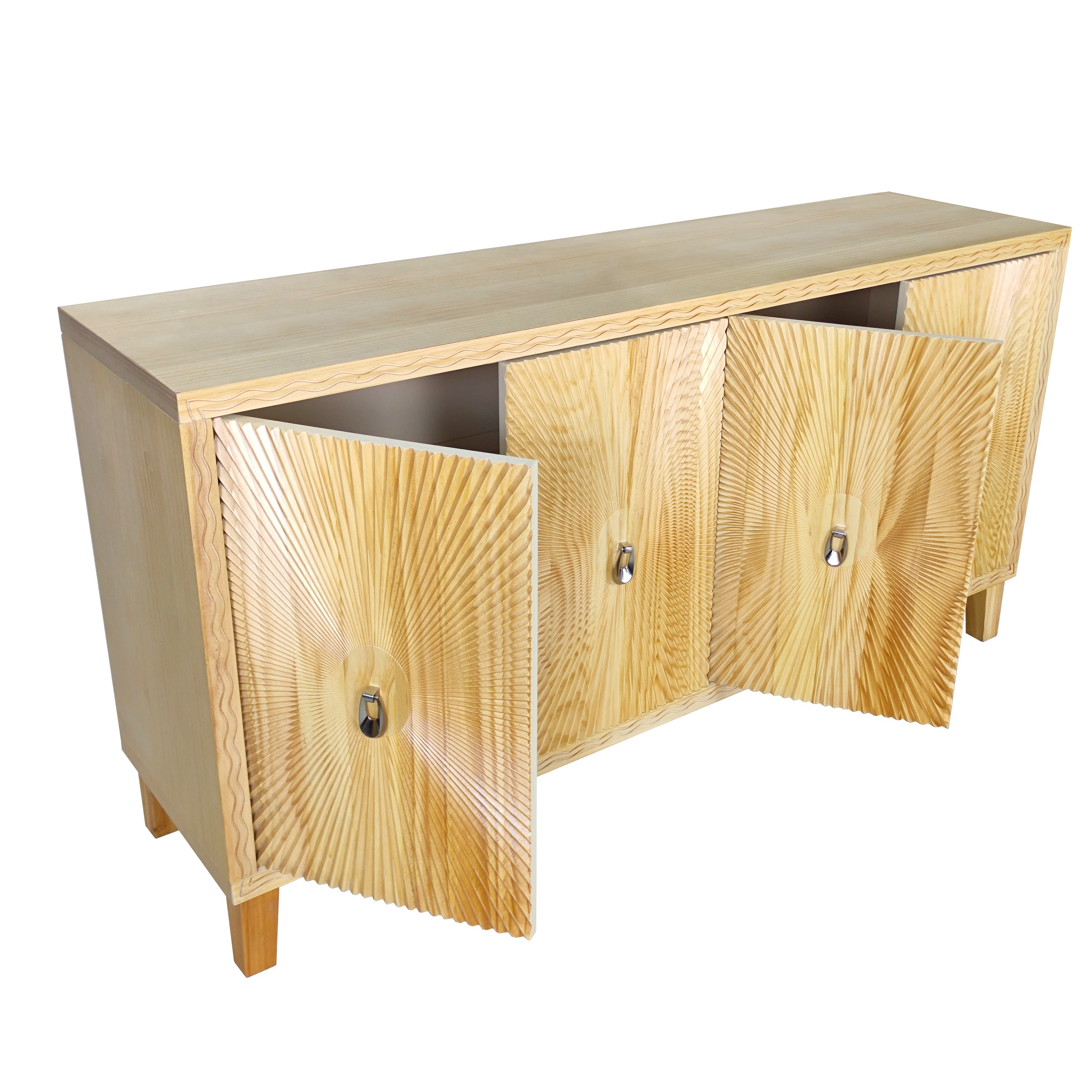 HAOYYE Vintage Storage Cabinet with Carved Scatter Pattern, 4 Door Dining Sideboard and Adjustable Shelves, Versatile Buffet and Accent Cabinet for Living Room, Kitchen, and Hallway, Sturdy and Space-Saving Design in Natural Finish