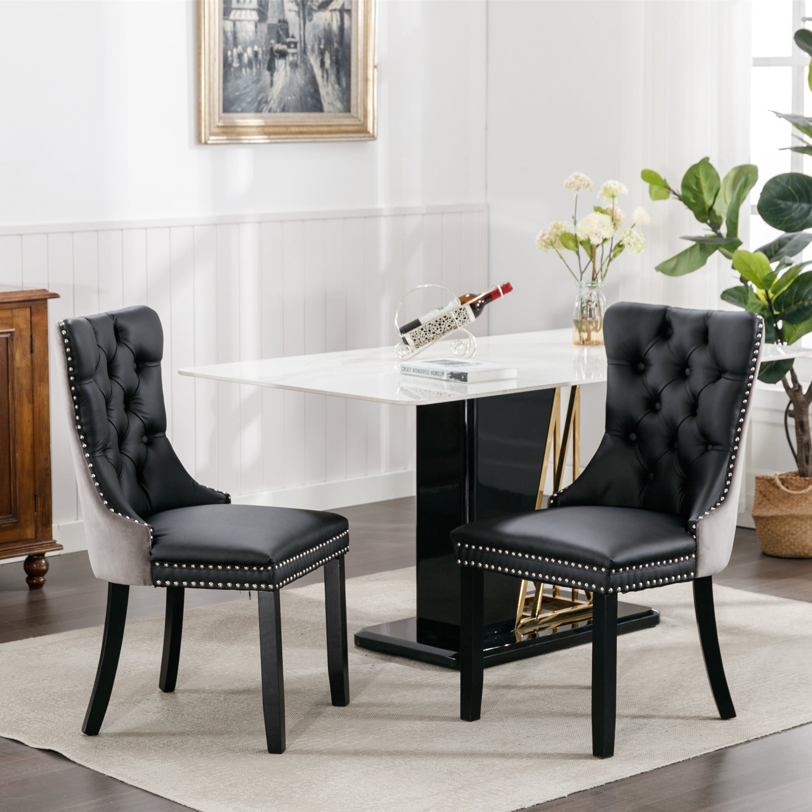HAOYYE Nikki Collection Modern, High-end Tufted Solid Wood Contemporary PU and Velvet Upholstered Dining Chair with Wood Legs Nailhead Trim 2-Pcs Set lack+Gray, SW2101BG Sturdy Space-Saving