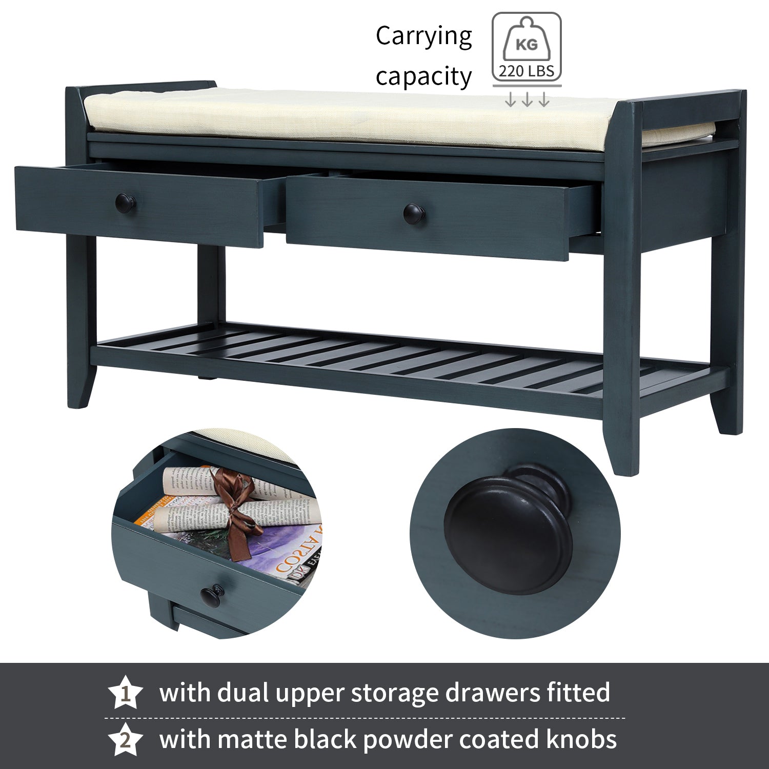 HAOYYE Shoe Rack with Cushioned Seat and Drawers, Multipurpose Entryway Storage Bench, Antique Navy, Sturdy Space-Saving Design, Heavy Duty Construction, Easy Assembly, Durable and Stylish Home Furniture, Versatile for Hallway or Bedroom Use