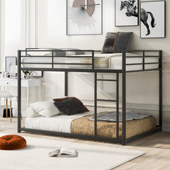 HAOYYE Full over Full Metal Bunk Bed, Low Bunk Bed with Ladder, Heavy Duty Space-Saving, Durable Modern Design, Easy Assembly, Sturdy Bedroom Furniture, Stylish Black Bunk Bed for Kids & Adults, Versatile Home Sleeping Solution