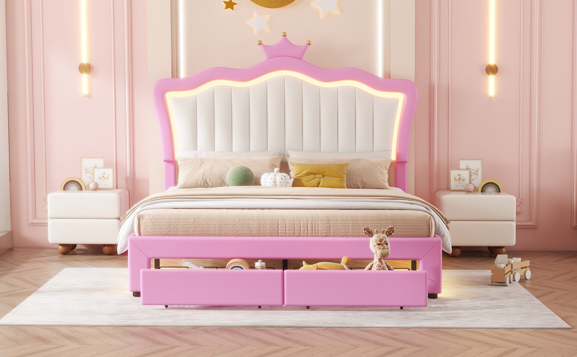 HAOYYE Full Size Upholstered Bed Frame With LED Lights, Modern Princess Bed With Crown Headboard And 2 Drawers, Pink And White, Sturdy Space-Saving Heavy Duty Design For Adults And Dorm Rooms