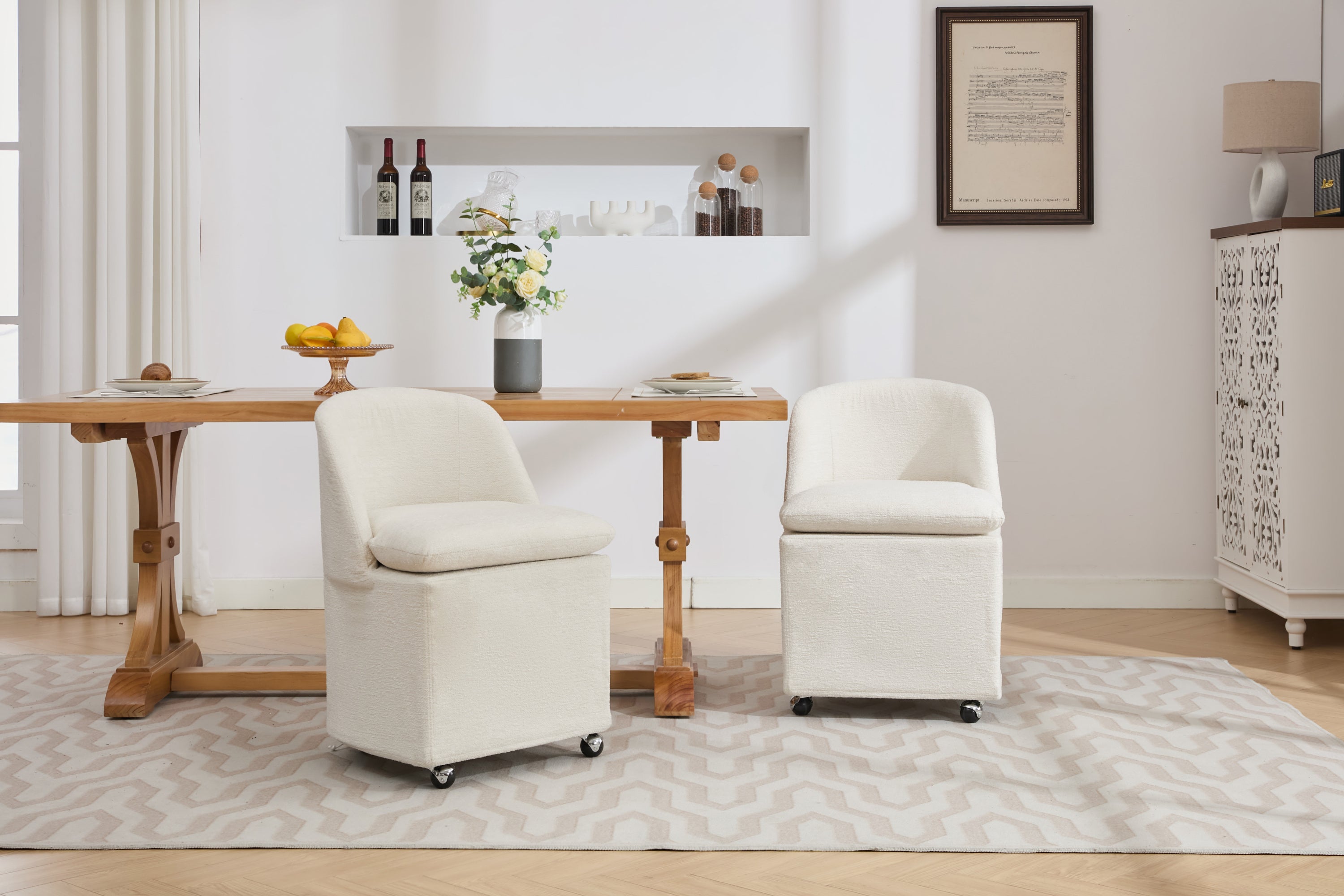 HAOYYE 058-Set of 2 Chenille Fabric Dining Chairs With Universal Wheels,Beige Sturdy Space-Saving Heavy Duty Modern Design Adults Dorm Room Easy Assembly Bedroom Furniture