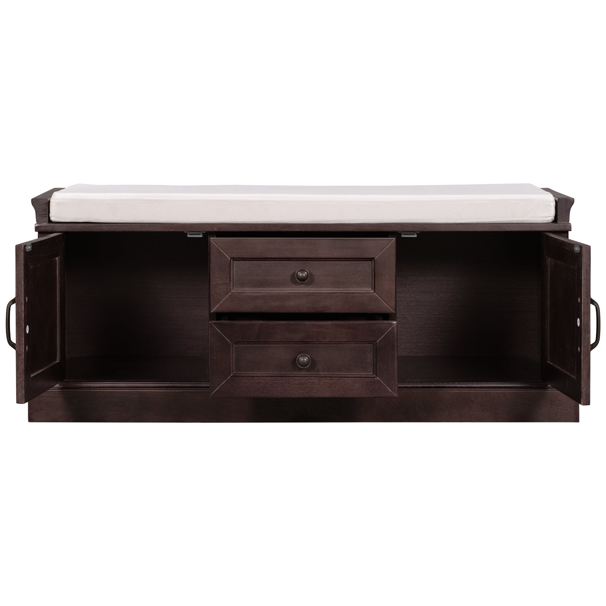 HAOYYE Storage Bench with 2 Drawers and Cabinets, Shoe Bench with Removable Cushion for Living Room, Entryway, Sturdy Space-Saving Heavy Duty Construction, Espresso Finish, Modern Design for Adults and Dorm Rooms