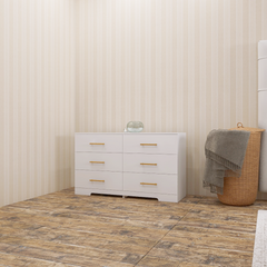 HAOYYE White 6-Drawer Dresser With Golden Handles, Spacious Modern Chest of Drawers, Sturdy Space-Saving Design, Heavy Duty, Easy to Assemble, Ideal for Bedrooms and Dorm Rooms