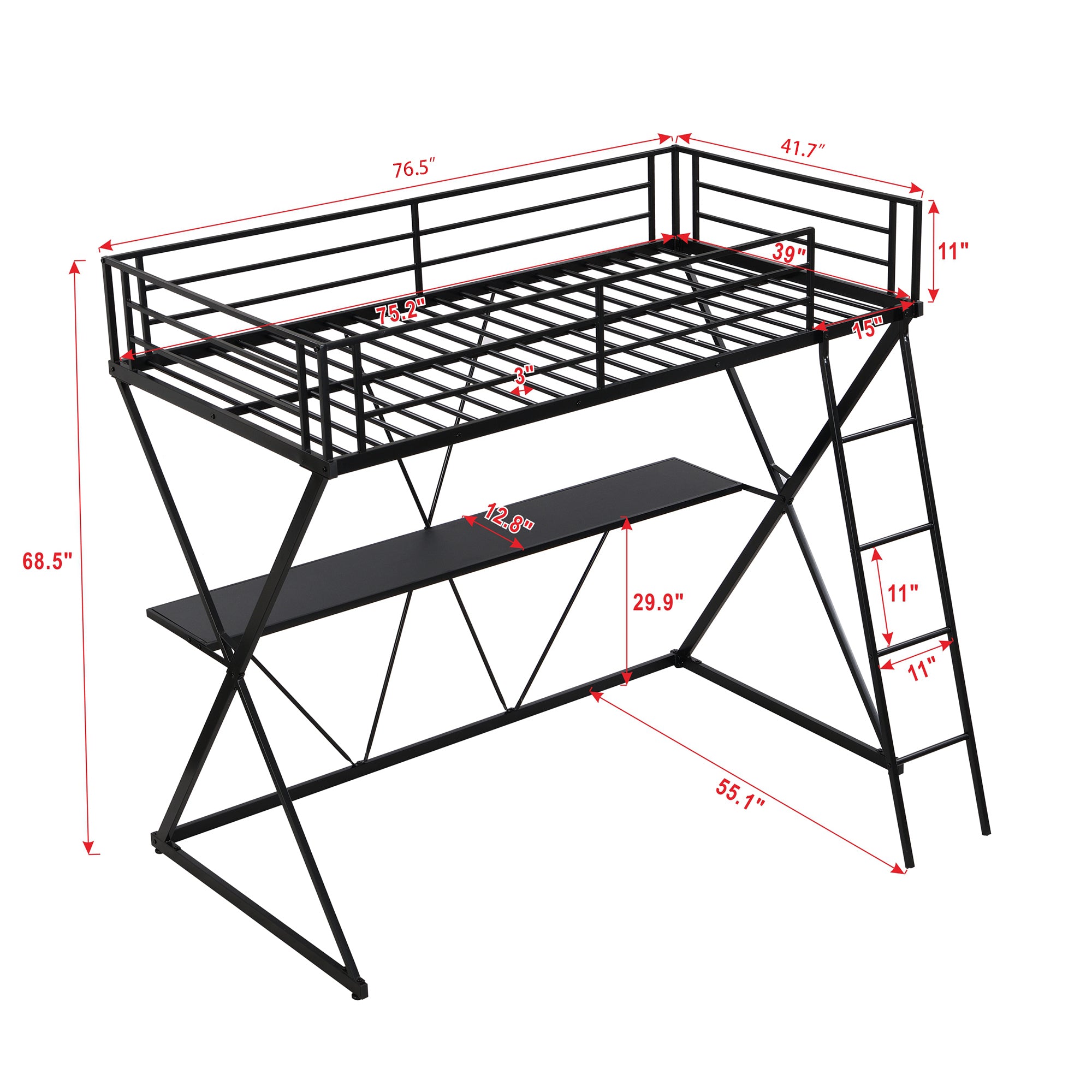 HAOYYE Twin Size Loft Bed with Desk, Ladder and Full-Length Guardrails, X-Shaped Frame, Black(Old SKU: MF297073AAB) Sturdy Space-Saving Heavy Duty Modern Design Adults Dorm Room Easy Assembly