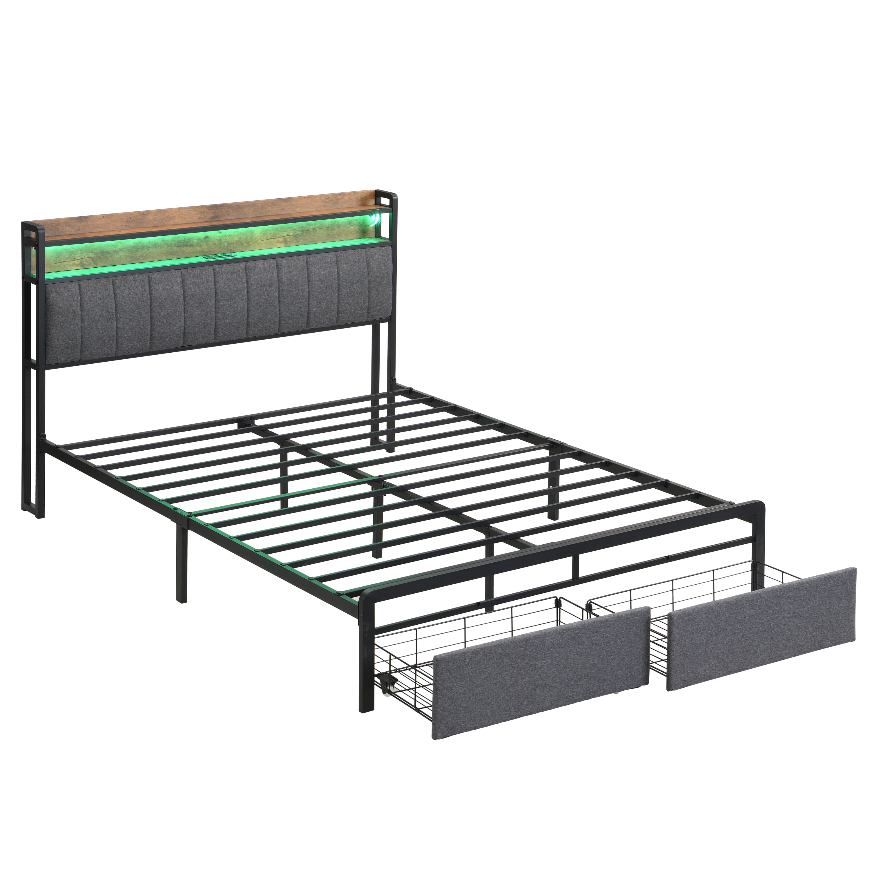 HAOYYE Queen Bed Frame with Storage Headboard and Drawers, LED Upholstered Platform Bed Frame with Built-in Charging Station, No Box Spring Needed, Easy Assembly, Sturdy and Space-Saving Design in Grey for Adults