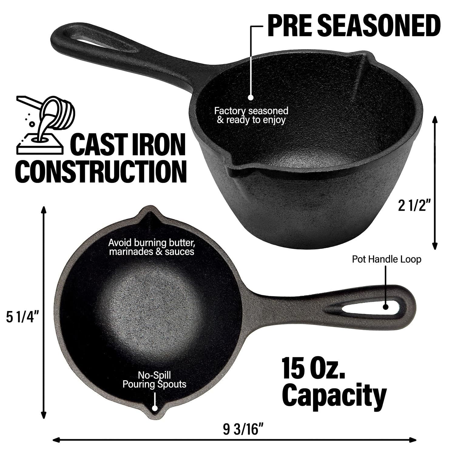 Haoyye Cast Iron Basting Pot and Silicone BBQ Brush Set, 15 Oz Pre-Seasoned Saucepan with Heat-Resistant Brush for Grilling, Meat Smoking, or Stovetop Use, No-Drip Pour Spouts, Mess-Free BBQ Accessory for Outdoor Cooking or Gift for Grill Lovers