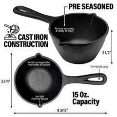 Haoyye Cast Iron Basting Pot and Silicone BBQ Brush Set, 15 Oz Pre-Seasoned Saucepan with Heat-Resistant Brush for Grilling, Meat Smoking, or Stovetop Use, No-Drip Pour Spouts, Mess-Free BBQ Accessory for Outdoor Cooking or Gift for Grill Lovers