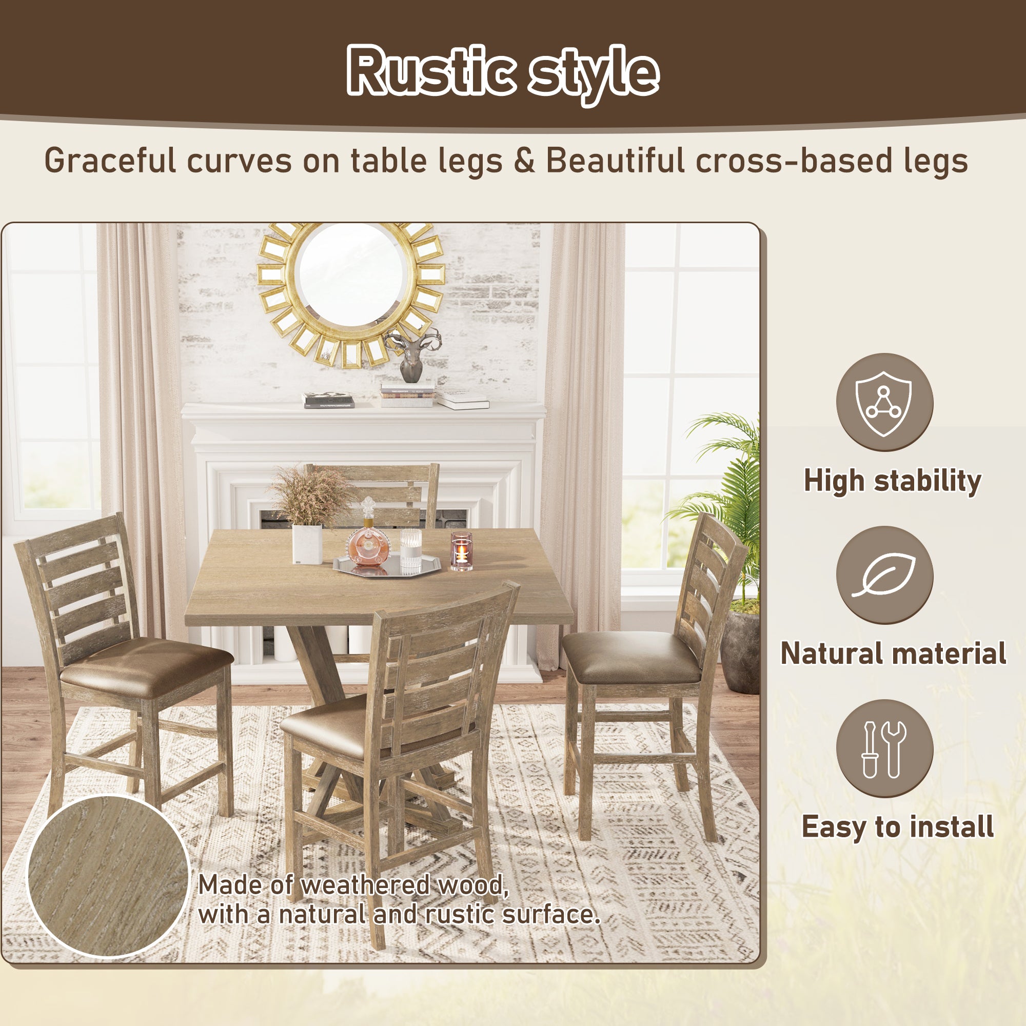 HAOYYE Set of 2 Dining Counter Height Chairs Modern Farmhouse Rustic Look Distressed Design Ladderback Solid Wood Sturdy Space-Saving Heavy Duty Modern Design Adults Dorm Room Easy Assembly
