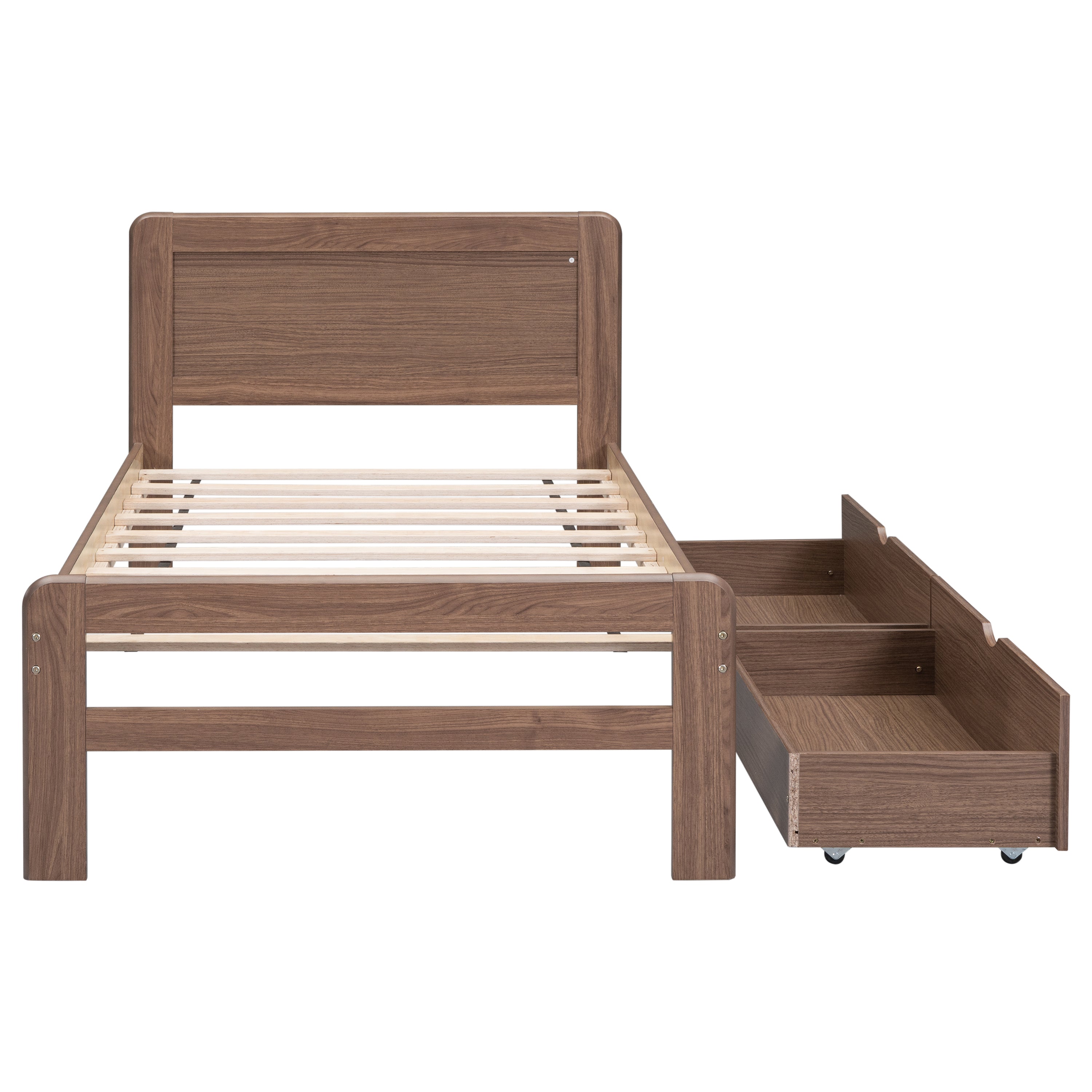 HAOYYE Modern Twin Size Platform Bed Frame With 2 Drawers, Walnut Finish, Space-Saving Heavy Duty Construction, Ideal For Adults And Dorm Rooms, Easy Assembly Bedroom Furniture