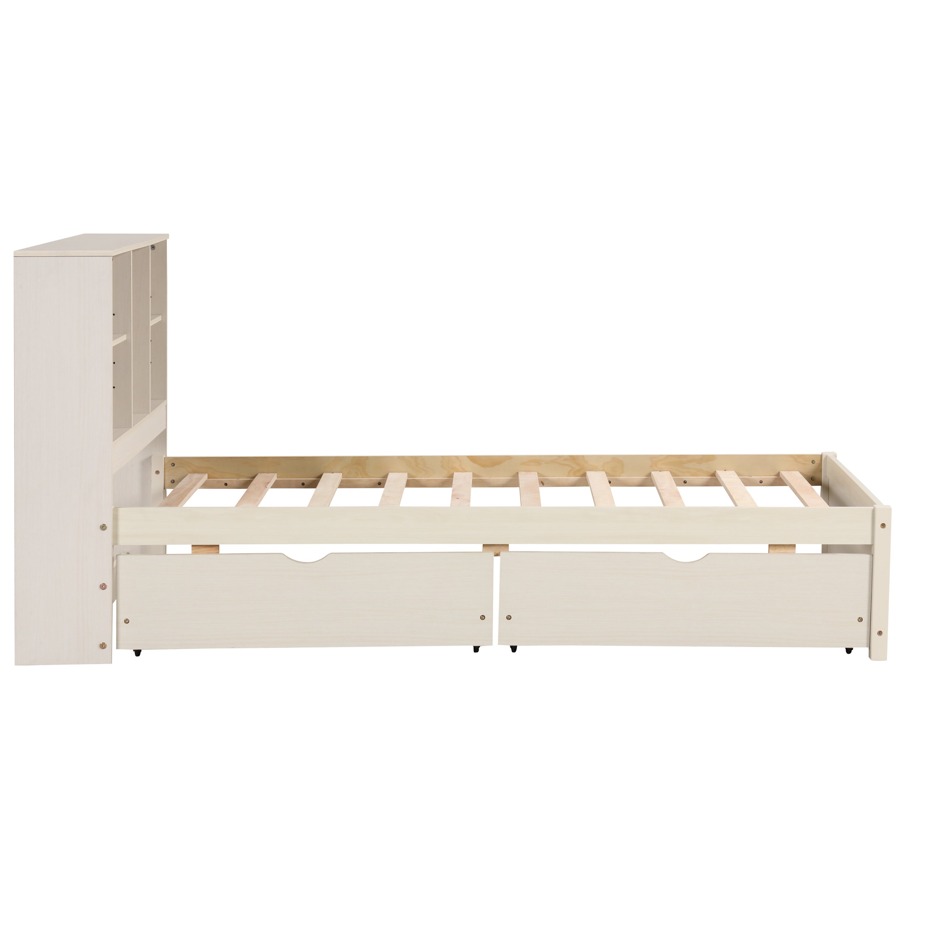 HAOYYE Modern Twin Size Bed Frame with Built-In USB Port on Bookcase Headboard and Two Drawers for White Washed Color, Sturdy Space-Saving Design, Heavy Duty Construction, Easy Assembly, Durable and Stylish Home Furniture