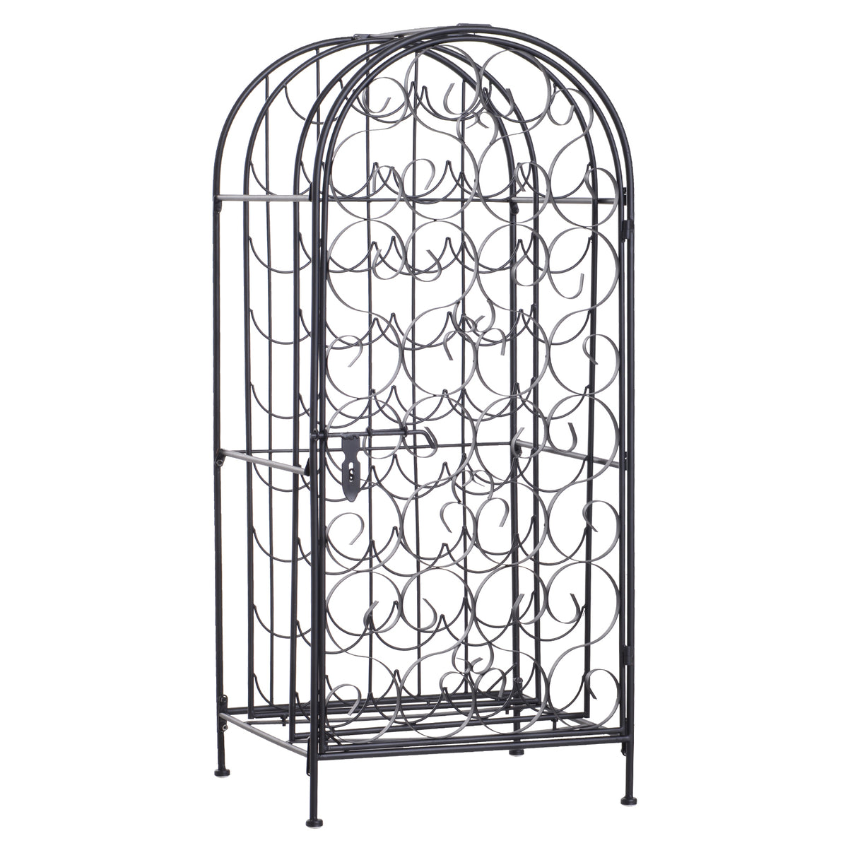Haoyye Wrought Iron Wine Rack Cabinet with Lock, 35 Bottle Metal Wine Storage Holder with Vintage Scrollwork Design, Sturdy Freestanding Organizer for Kitchen, Dining Room, Home Bar, Space-Saving Modern Black Wine Shelf
