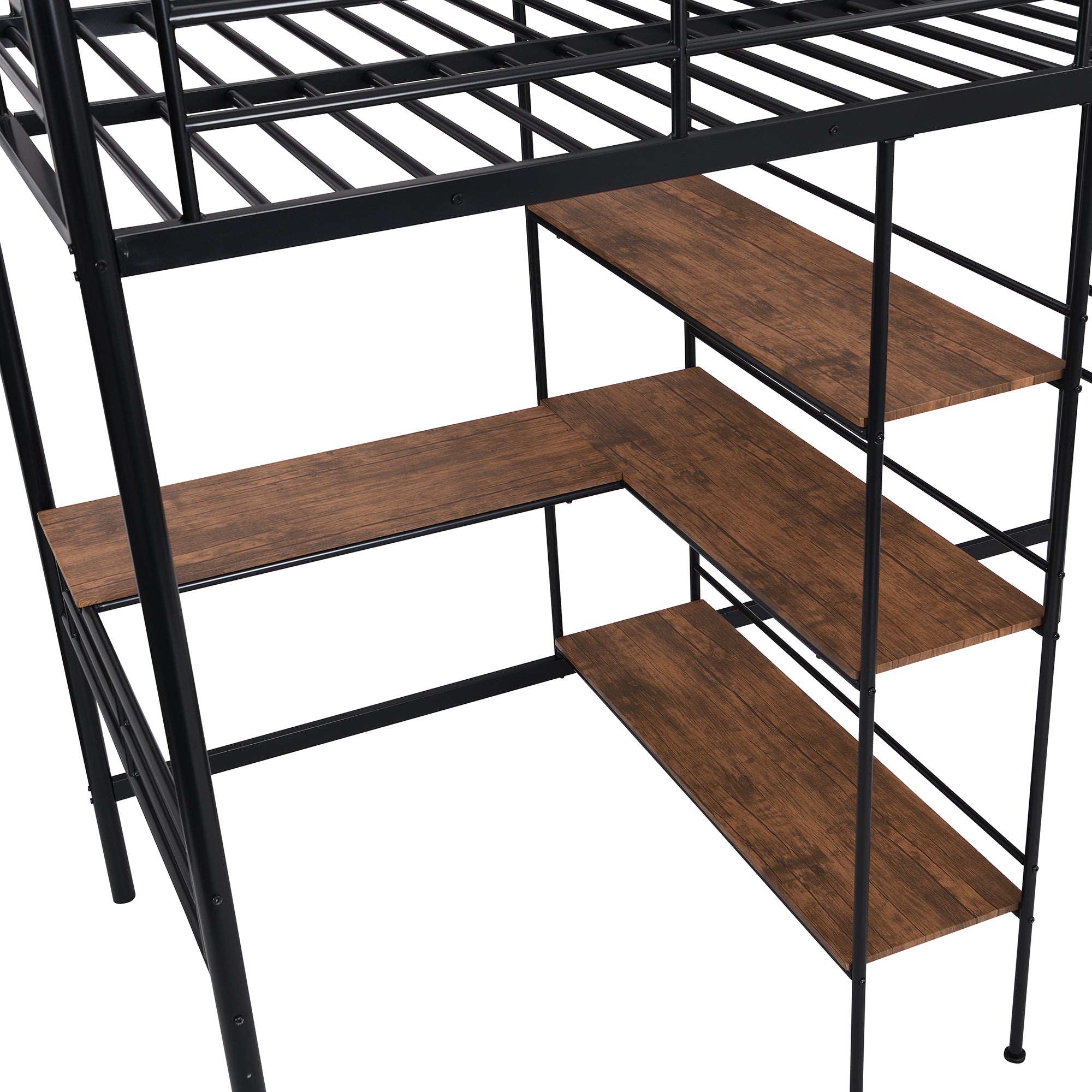 HAOYYE Twin Size Metal Loft Bed and Built-in Desk and Shelves,Black Sturdy Space-Saving Heavy Duty Modern Design Adults Dorm Room Easy Assembly Bedroom Furniture