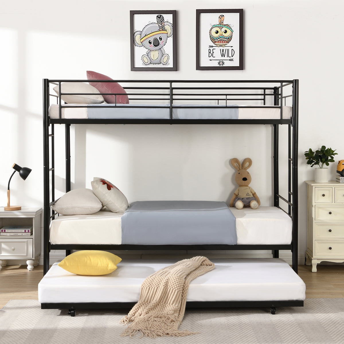 HAOYYE Over Twin Bunk Bed Frame with Trundle,Metal Bunkbed with Sturdy Guard Rail and 2 sideLadders for /Adults,Can be Divided Into Two Beds, No Box Spring Needed, Noise Free for Dorm,Black Space-Saving