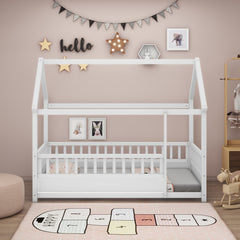 HAOYYE Twin Size Floor Wooden Bed with House Roof Frame, Fence Guardrails,White Sturdy Space-Saving Heavy Duty Modern Design Adults Dorm Room Easy Assembly Bedroom Furniture