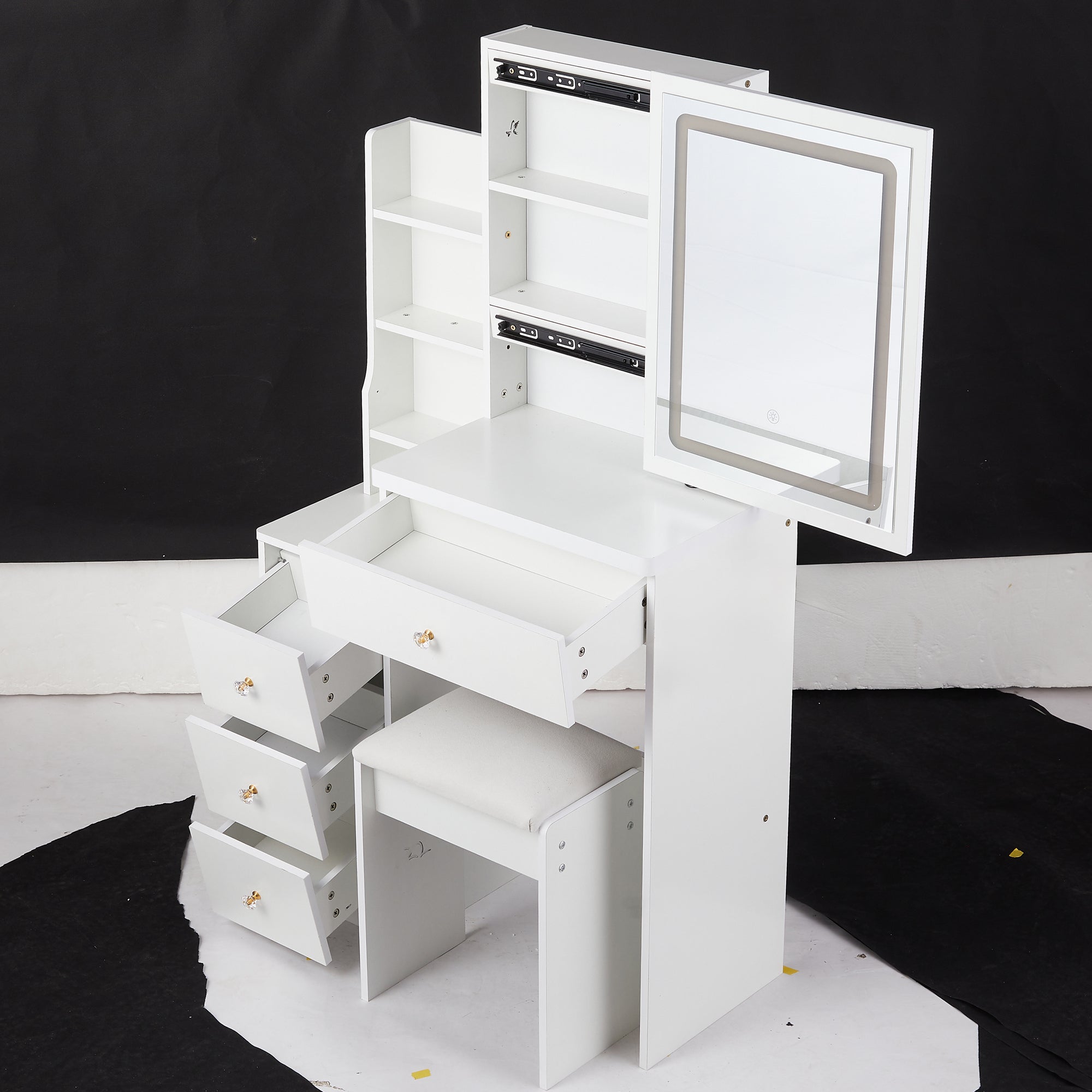 HAOYYE Small Vanity Table Set With Touch Control Sliding LED Mirror, Tri-Color Switching, Adjustable Brightness, Multi-Layer Storage, Includes Cushioned Stool, Ideal For Compact Spaces, EPA, GCC, And UL Certified