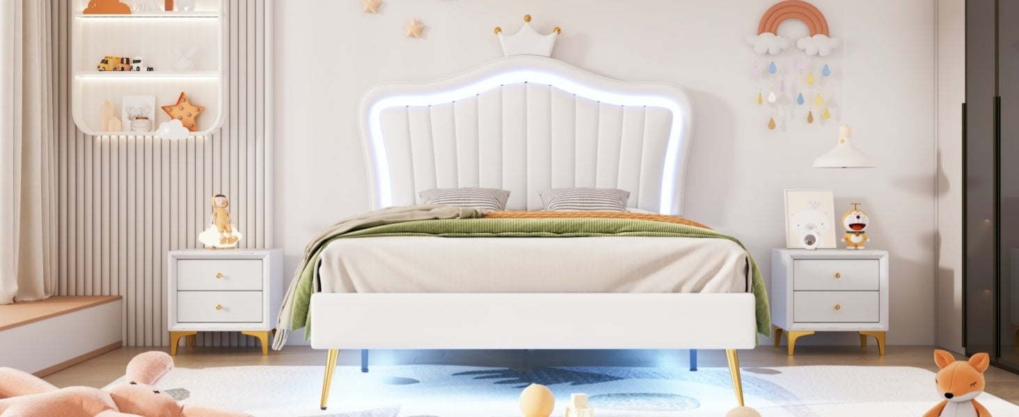 HAOYYE Twin Size Upholstered Bed Frame with LED Lights, Modern Upholstered Princess Bed With Crown Headboard,White Sturdy Space-Saving Heavy Duty Modern Design Adults Dorm Room Easy Assembly