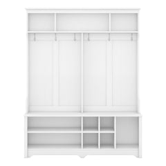 HAOYYE Modern Hallway Hall Tree with Metal Hooks and Storage Space, Multi-Functional Entryway Coat Rack with Shoe Cubbies, White Sturdy Space-Saving Heavy Duty Modern Design