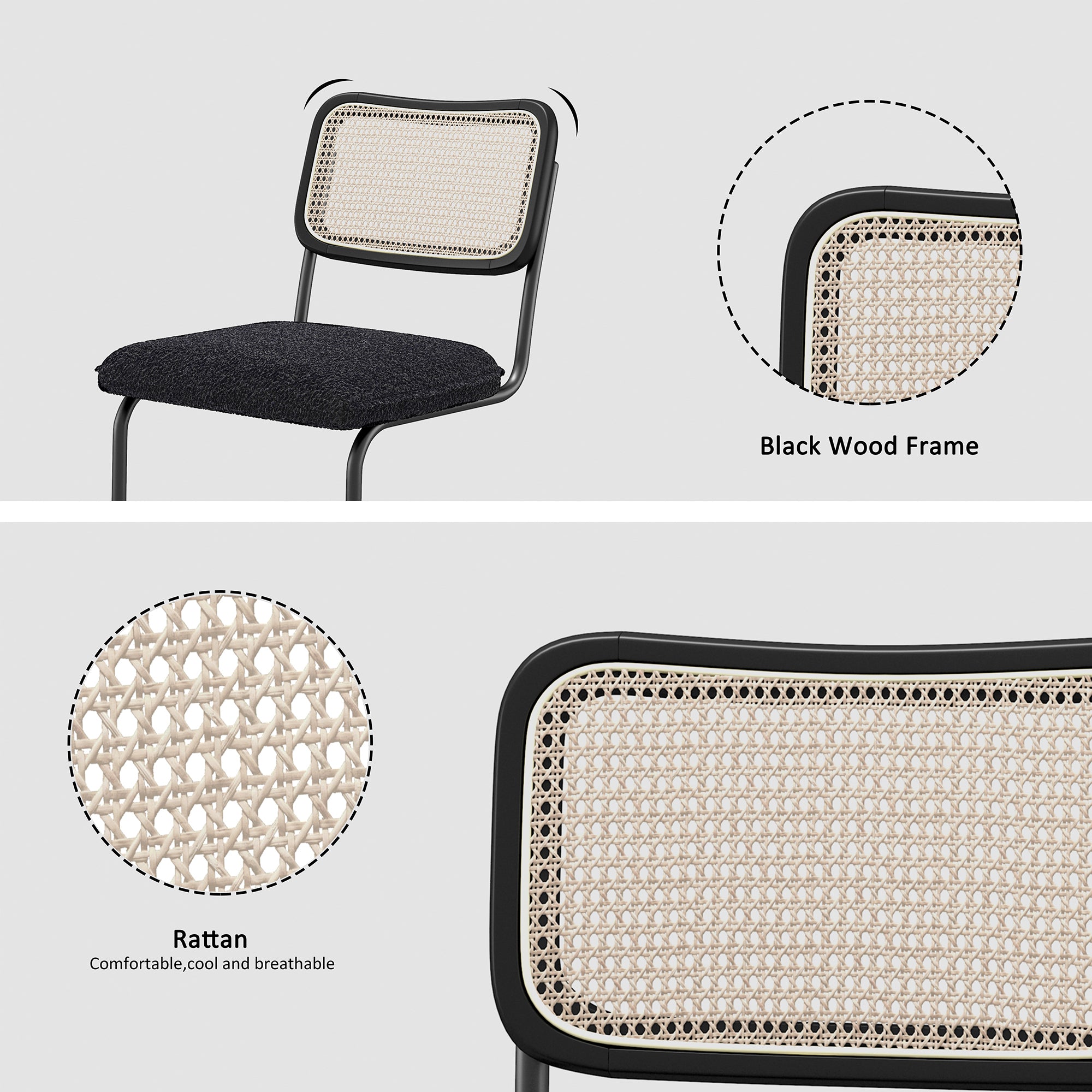 HAOYYE Set of 2, Teddy Velvet Dining Chair with High-Density Sponge, Rattan Chair for Dining room, Living room, Bedroom, Black Sturdy Space-Saving Heavy Duty Modern Design Adults Dorm Room Easy Assembly