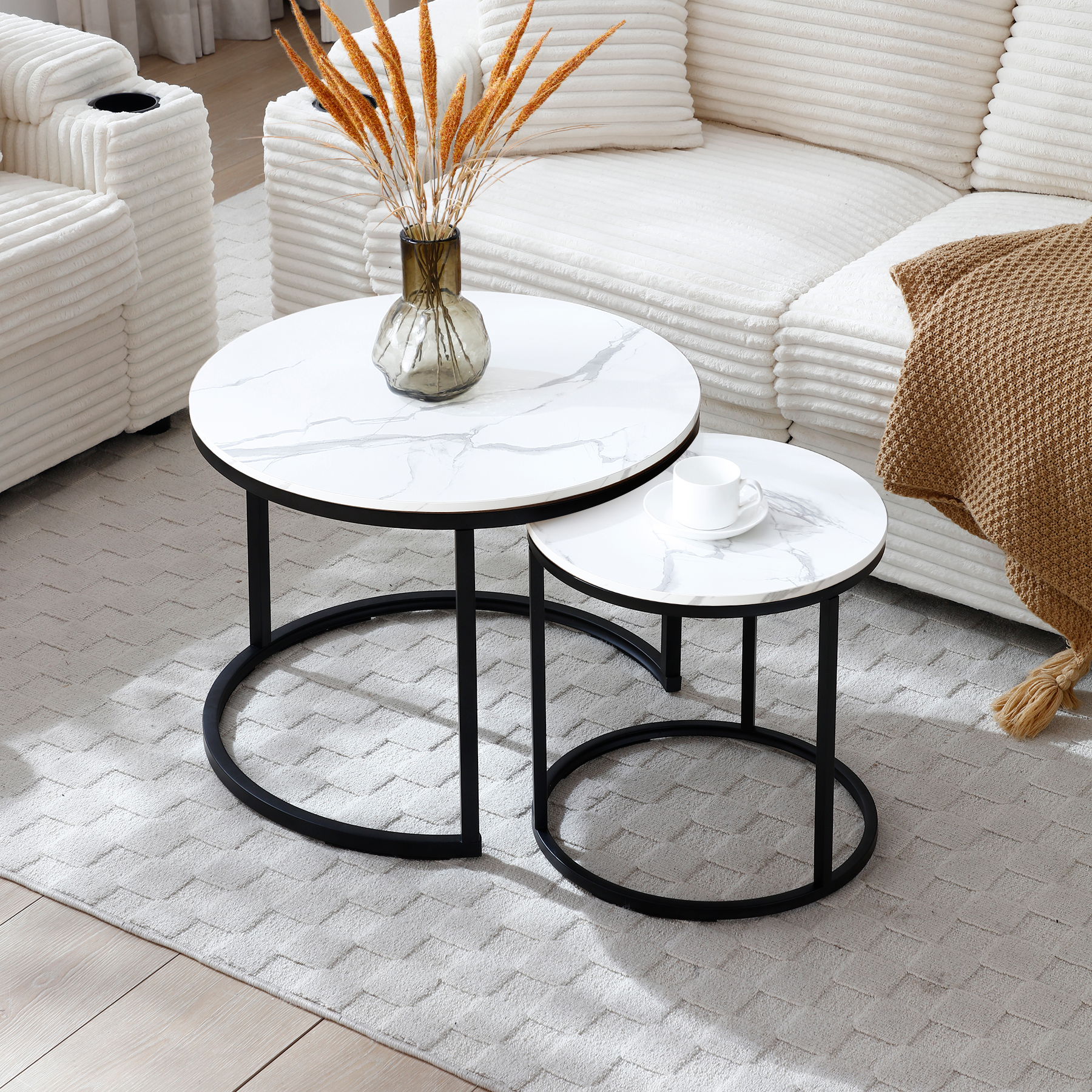 HAOYYE Set of 2 Round Nesting Coffee Tables with White and Gray Marble Pattern Tops and Black Metal Frame, Modern Industrial Accent Side Tables for Living Room Bedroom Apartment Office or Small Spaces