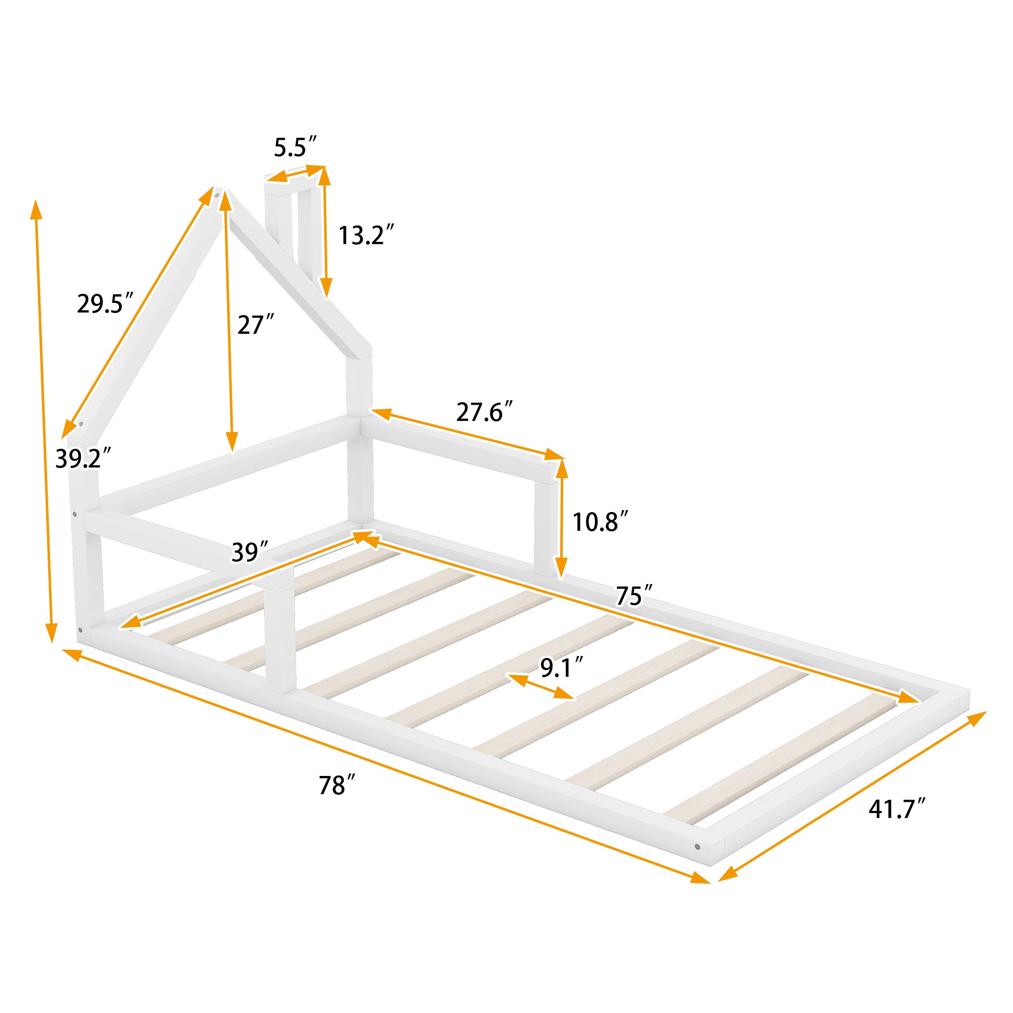 HAOYYE Twin Size Wood Floor Bed with House-shaped Headboard, White Sturdy Space-Saving Heavy Duty Modern Design Adults Dorm Room Easy Assembly Bedroom Furniture
