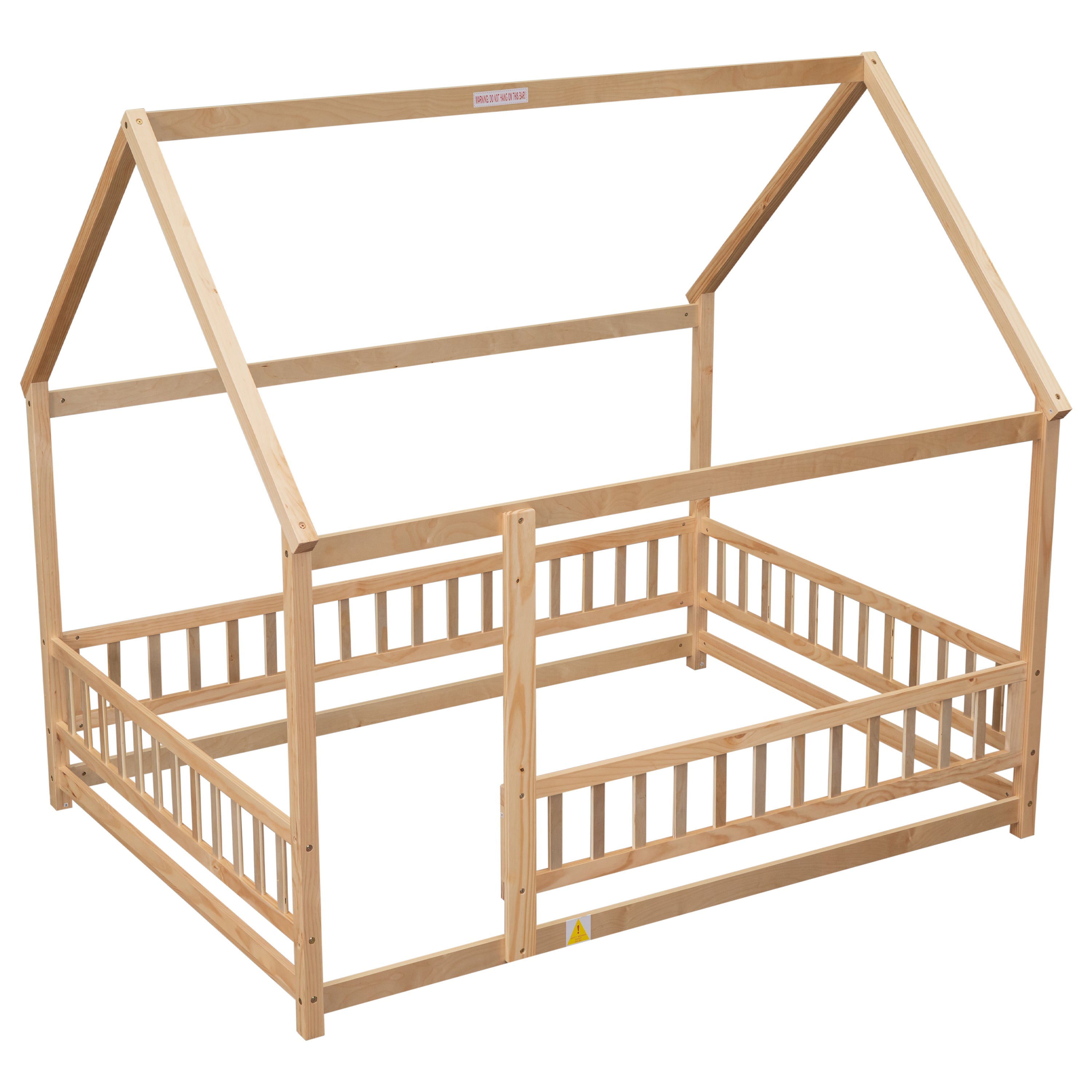 HAOYYE Full Size Floor Wooden Bed with House Roof Frame, Fence Guardrails ,Nartural Sturdy Space-Saving Heavy Duty Modern Design Adults Dorm Room Easy Assembly Bedroom Furniture