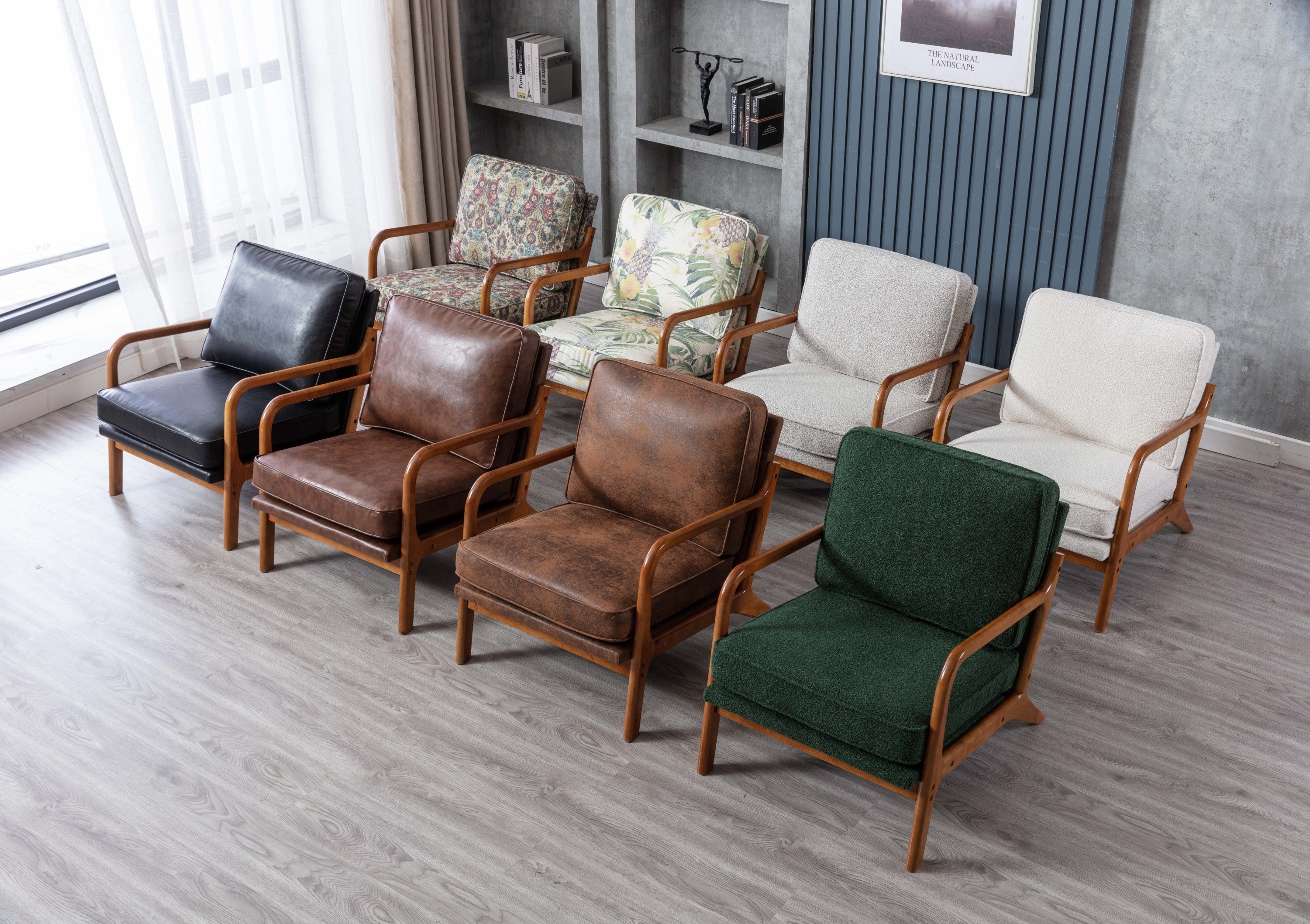 HAOYYE Mid Century Modern Accent Chair, Comfy Fabric Living Room Chairs with Solid Wood Frame, Lounge Reading Armchair, Easy Assembly (Brown PU) Sturdy Space-Saving Heavy Duty Modern Design